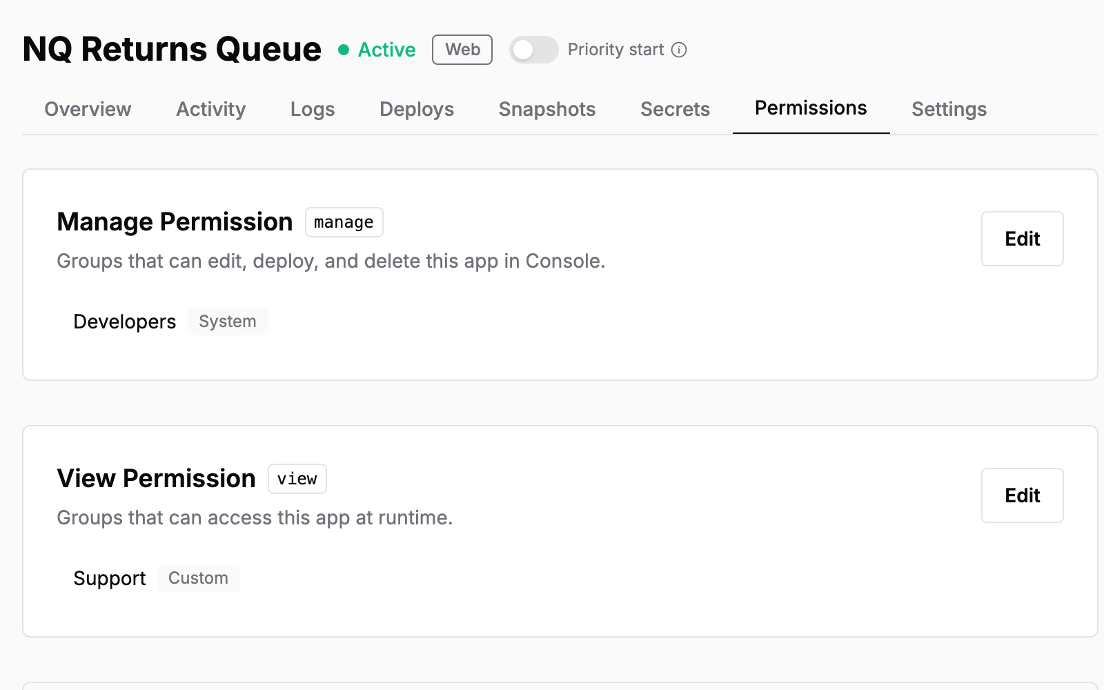 An app access screen with Support selected as the user group and Developers selected as the management group.