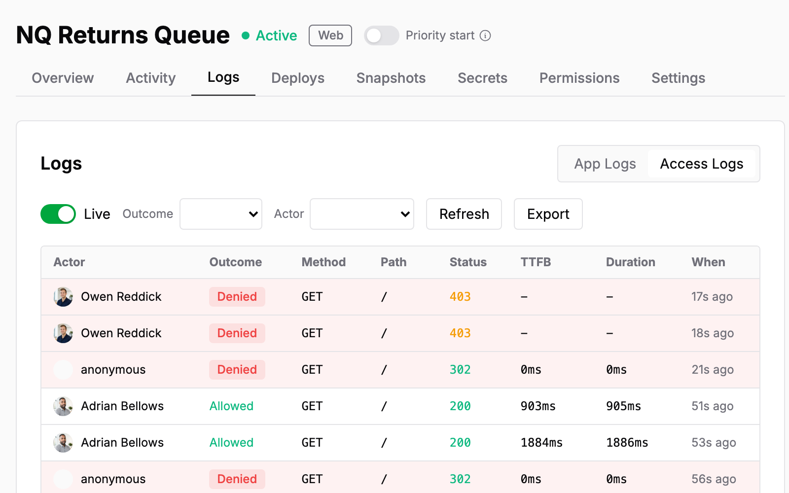 A record of who tried to access an app, when, where, and whether the request was allowed or denied.