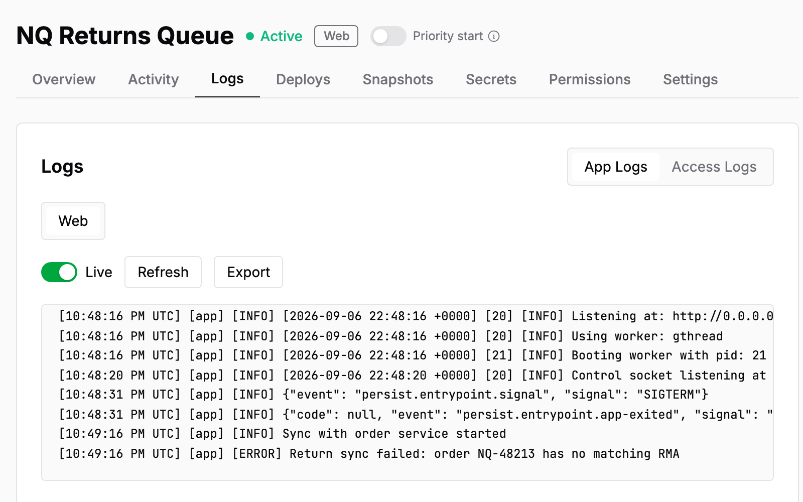 Timestamped application output, including activity records and error messages.