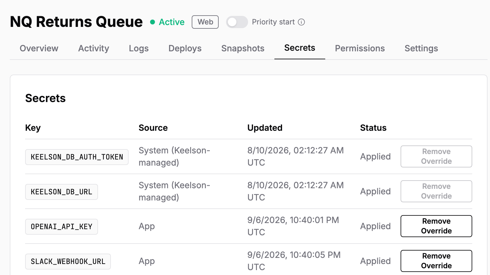 A list showing secret names, update times, and controls to add or update them.