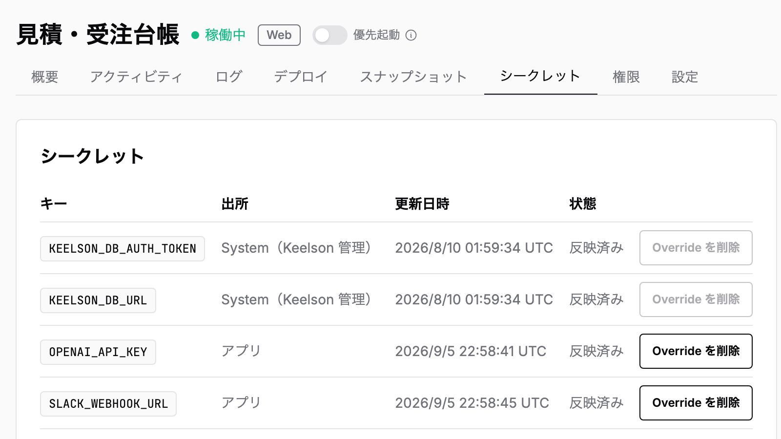 登録したシークレットの名前と更新日時、追加・更新の操作が分かる一覧。